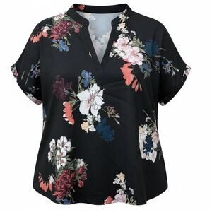 Womens Plus Size Floral Blouse with Notch Neck Cuffed Sleeve Size 3XL